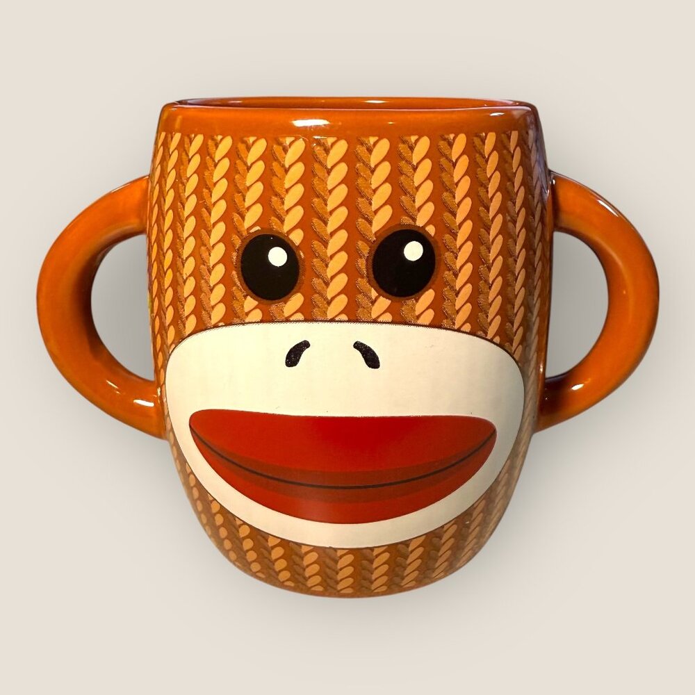 Galerie Sock Monkey Mug Two Handle Ceramic Orange/Brown 16 Oz Coffee Cocoa Tea